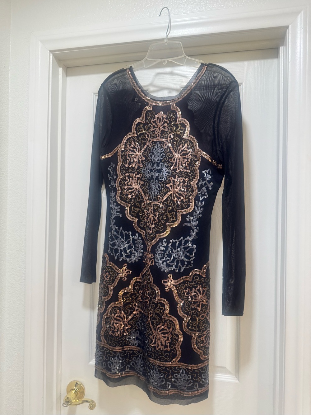 Chelsea & Violet Black Long-Sleeve Mesh Dress with Rose Gold Embellishment